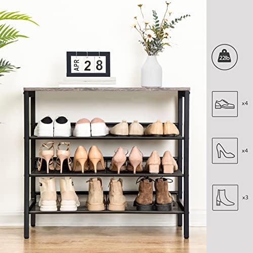 מתלה נעליים תעשייתי של הוברו, מדף נעליים בן 4 קומות, יחידת מארגן אחסון עם 3 מדפי רשת, ריהוט מבטא למראה עץ עם מסגרת