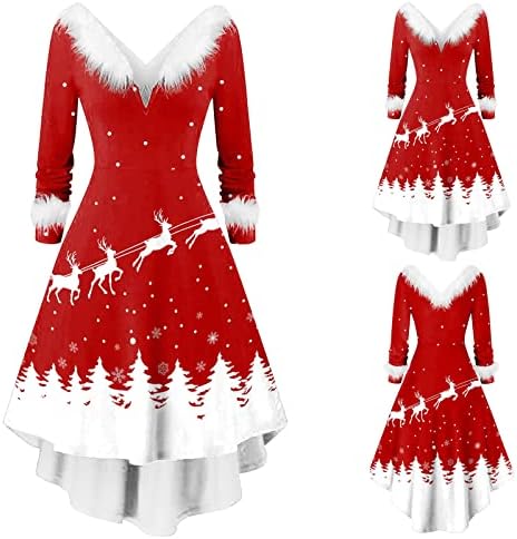 שמלת שמלת חג המולד של נשים שמלות סתיו לנשים שרוול ארוך V צווארון חג המולד שמלת מסיבות א -סימטרית אלגנטית