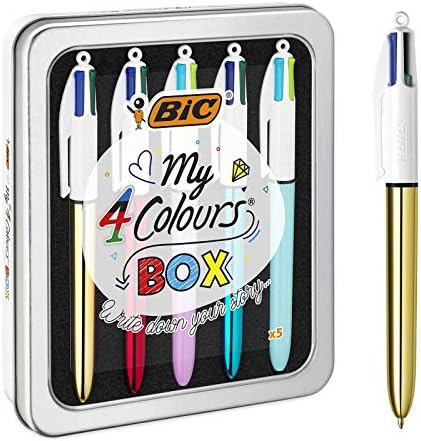 BIC 4 צבעים עטים בפח מתכת מיוחד של 5 עטים, כולל תערובת של ברק ודיו בצבע חבית בהיר, שחור, אדום, כחול, ירוק