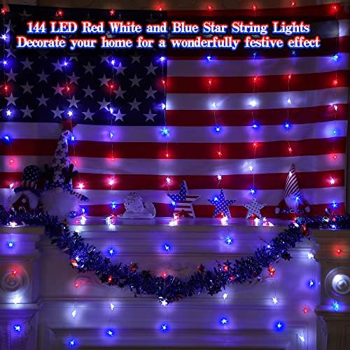 אור מיתר וילון, 9.8 רגל 144 LED תלויים באורות חלון סוללה ו- USB מופעל עם מרחוק, 8 מצבים אדומים לבנים וכחול כוכב אורות