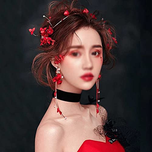 מעודן אדום עלה פרח נזר וציצית עגילי סיני הכלה חתונת שיער קישוטי נשים קריסטל שיער חישוק סרטי ראש