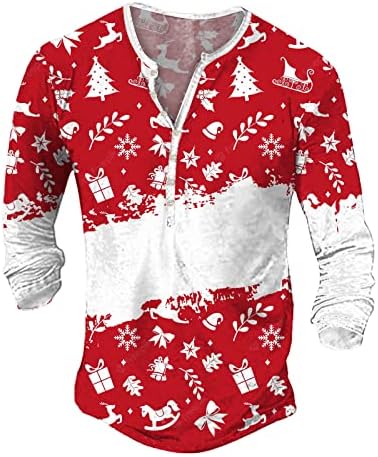 חולצות הנלי חג המולד של ווקאצ'י לגברים מכוערים חג המולד איילים הדפס פתית שלג שרוול ארוך V כפתור צוואר למטה