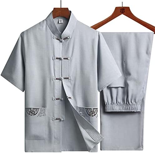 בגדים סיניים מסורתיים סט מסורתי לגברים, טאי צ'י קונג פו מדים פשתן רקמה שרוול קצר תלבושות סיניות