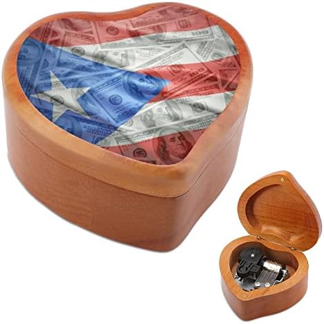 דגל פוארטו -ריקני על דולרים כסף קופסת מוסיקה מעץ צורת לב קופסת מוסיקה קופסת מוסיקה וינטג 'שעון עץ מתנות קופסאות