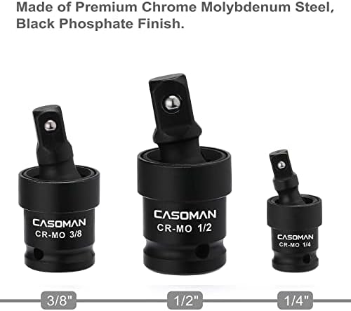 סט אביזרים של כלי כונן 18 של CASOMAN, פלדת CR-V Premium עם גימור פוספט שחור, כולל 1/2 , 3/8, 1/4 השפעה על מפרק אוניברסלי, מתאמי