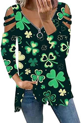 סנט פטריק יום חולצות לנשים סקסי עם צווארון רוכסן מגזרת כבוי כתף טיז ארוך שרוול ירוק מכתב מודפס חולצה