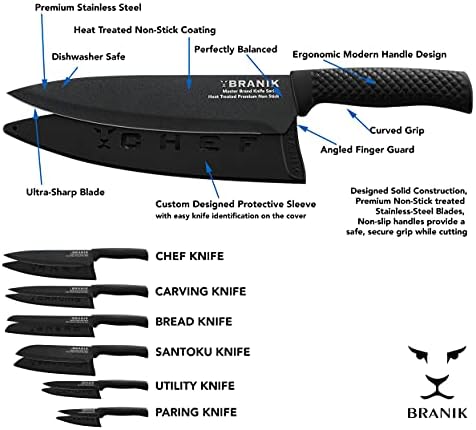 בראניק 6 יחידות סכין מטבח שחור סט עם נדן מגן & מגבר; קופסת מתנה, פלדה גרמנית פרימיום עם ציפוי טפלון מיוחד שהופך