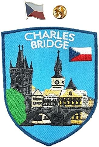 A-one 2 PCS חבילה- Charles Bridge תיקון ציון דרך+סיכת דש דגל צ'כית, טלאי רקום, גשר מימי הביניים, מזכרת אטרקציה צ'כית, תיקון