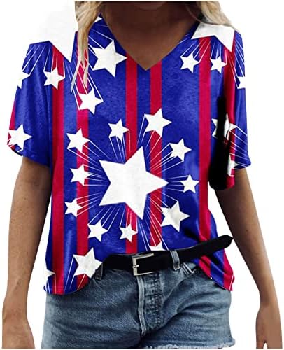 חולצת דגל אמריקאית נשים ארהב כוכבים פסים רביעי יולי חולצות טי קז'ואלים אמריקה רופפת V הצוואר הדפסת טי צמרות