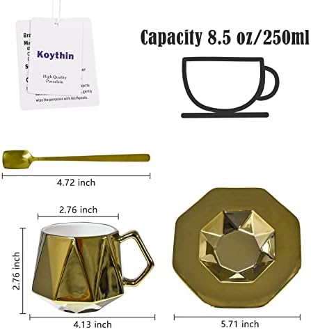 ספל קפה קרמיקה של Koythin, כוס חמוד יצירתי עם צלוחית יהלומים אלקטרופלי, כוס קפה חידוש עם אחיזה נוחה למשרד ולבית, 8.5oz
