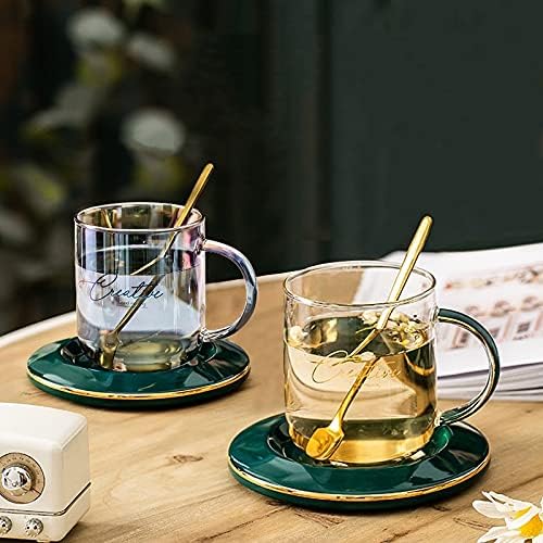 Dodouna Creative Colution Glass Coffice ספל יין ויסקי כוס תה כוס עם צלוחית וכף סט כוסות זריקה שקופות 420 מל