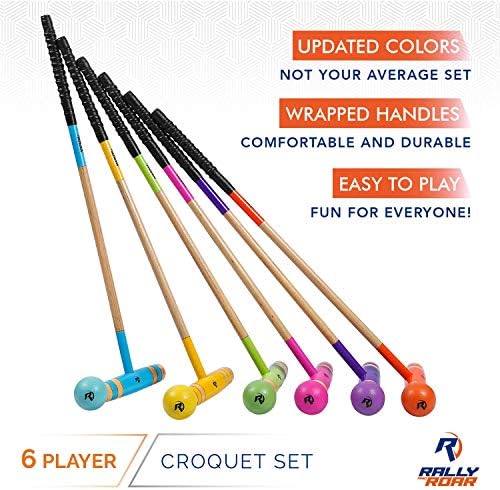 ראלי ו Roar Deluxe Croquet Set Set W/BARCH BAK - 6 שחקנים 35 סניפים, 9 פתיליות, 2 עמדות קצה