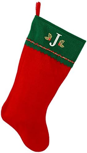 מונוגרמה אותי גרב חג המולד הראשוני רקום, ירוק ואדום, ראשוני J