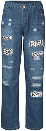 ג'ינס לנשים טרנדיות מותניים גבוהים קרועו ג'ינס ישר רגל נמתחת פלוס מכנסי ג'ינס בגודל מכנסיים מכנסיים רחבים