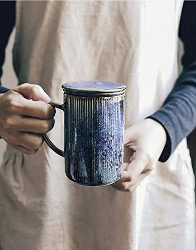 ספל קפה של כוס תה קרמיקה של Caalio עם צלוחיות מכסה ומכסים למשרד ובבית, צבוע ביד בידיות, מיקרוגל מדיח כלים, 11oz - כחול