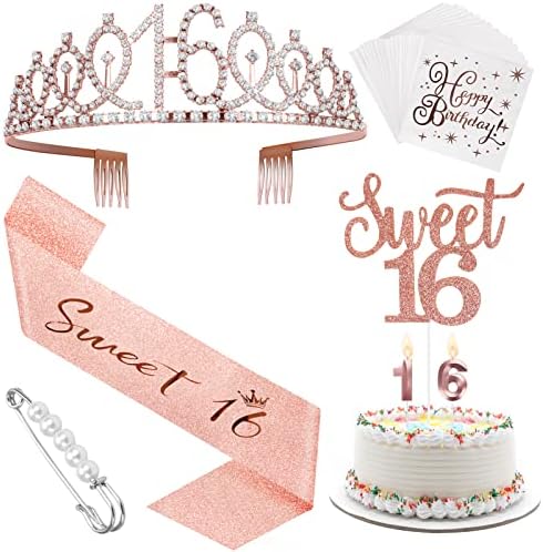 קישוטי יום הולדת 16 מתוקים לילדות, אבנט יום הולדת 16 וכתר נזר, מתוק 16 טופרים לעוגה ונרות יום הולדת ומפיות, שישה עשר קישוטים