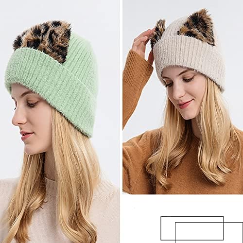 כובע כפה של Yekeyi לנשים כובע חורף חמוד של חתול אוזניים עם כובעי כפה של קרניים סרוג מכסי סקי חמים אזיקים