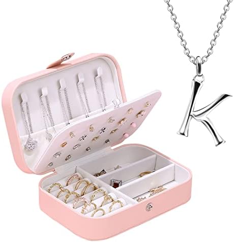 קופסת תכשיטים ורודה של Batifine עור מארגן תכשיטי נסיעות קטנים לנשים בנות, S925 סטרלינג מכסף מכתב k שרשראות