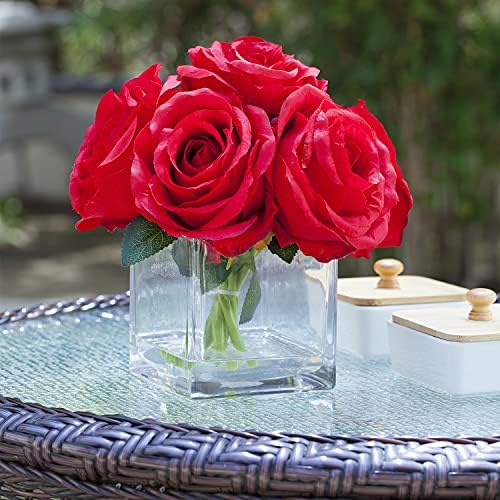 Enova Floral 7 גבעולים גדולים ורדים משי מלאכותיים סידור פרחים מזויפים באגרטל זכוכית קובייה עם מים פו לקישוט חתונה