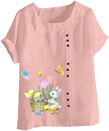 חולצות יום הפסחא של נשים חולצות פשתן שרוול קצר חולצה ארנב חמוד צוואר מודפס צוואר קיץ צמרות מזדמנים בתוספת חולצת