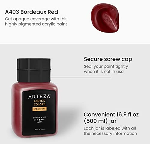 Arteza Acrylic Paint, A403 Bordeaux Red, 16.9 fl oz, 500 מל צנצנת, אטומה, ייבוש מהיר, צבעי אקריליים לציור על בד, נייר, עץ