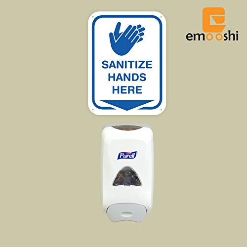 Emooshi Sanitize שלט יד עם כיוון חץ למטה שמור על הידיים מחטאות קירות גודל 8.5 בגודל 11.5 אינץ 'PVC לבן פלסטיק כאן שלטי כיור