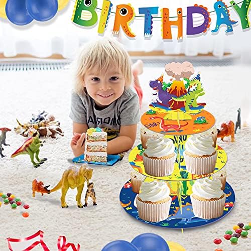 עמדת קאפקייקס דינוזאורים מצוירת, 3 עמדת עוגות מסיבת יום הולדת, הפתעה לקישוט המסיבות, קישוטים למסיבות יום הולדת לילדים,