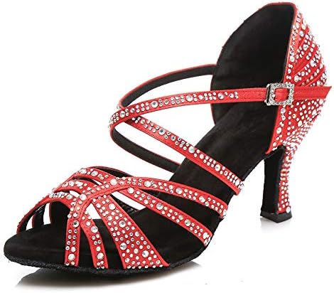 הנשים של היפוזוס נעלי ריקוד לטיניות אולם נשפים עם אבני חן מודרניות נעלי מסיבת סלסה עקב 8.5 סמ, דוגמנית CY356, אדום, 6.5