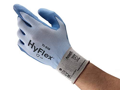 Ansell Hyflex 11-518 ניילון כפפת בטיחות במשקל קל עם טכנולוגיית Dyneema, עבודה/חיתוך עמידה, גודל 10, כחול