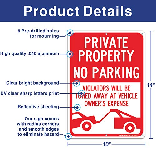רכוש פרטי ללא חניה - מפרים ייגררו על חשבון בעל הרכב שלט, משקף .40 אלומיניום ללא חלודה 14 x 10, UV מוגן, עמיד בפני
