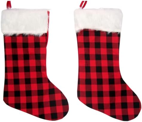 WOWSER מקסים אדום ושחור משובצים גרביים לאח, מדרגות, מדף, קיר, קישוטים לחג המולד תלויים, עיצוב חג חגיגי, סט של 2, 25