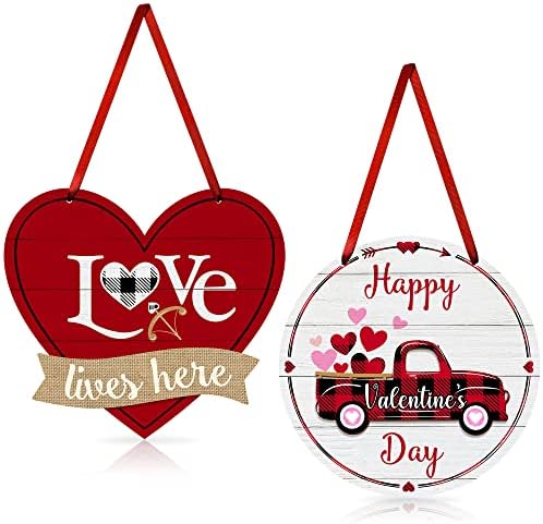 2 חתיכות יום האהבה שלטי דלת עץ קישוט, שלט תליה אדום בצורת לב וסיבוב של חג האהבה העגול