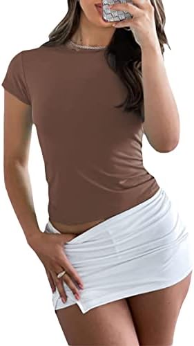 נשים צמרות בסיסיות שרוול קצר מוצק וחולצה מצוידת