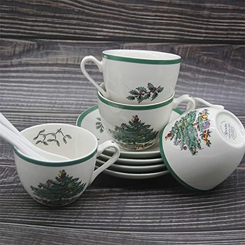 סט ZLXDP של 4 כוס תה עץ חג המולד עם צלוחית וכף כוס חג חג המולד כוס קפה סט צלוחית סט בסגנון אירופי