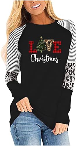 חולצת טריקו חג שמח נשים בופלו חולצות עץ משובצות חג המולד נמר פסים שחבור שרוול ארוך צמרות סוודר סוודר