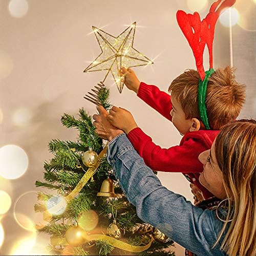 רוצינהה זהב עץ חג המולד טופר כוכב כוכב עץ מואר כוכב חוט לעץ חג המולד, 10 אינץ 'טופר עץ כוכב חג המולד עם 30 אורות LED