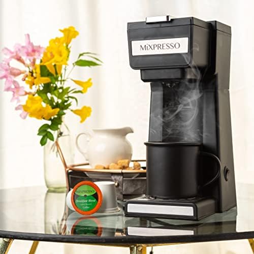 מכונת קפה Mixpresso הגשה יחידה לקפה טחון ותואמת תרמילי כוס K, עם ספל נסיעות 14oz ופילטר לשימוש חוזר לבית, למשרד ולקמפינג.