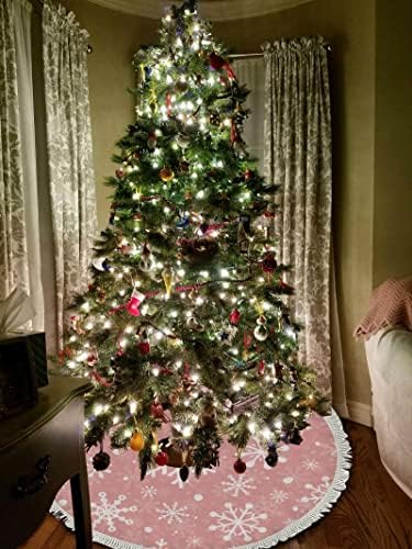 חצאיות עץ עץ חג המולד של Xollar בגודל 48 פתיתי שלג לבן ורוד חג המולד, קישוטי חג המולד מקורה חיצונית מחצלת עץ לחג המסיבה