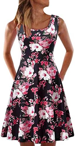 שמלת שרוול קצר פרגרן, נשים קיץ אופנה מזדמן צמחים הדפסת תפרים ללא שרוולים חוף אפוד אונליין שמלה