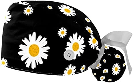 2 חבילות כובע ניתוח עם רצועת זיעה, כובעי בופנט נושמים שיער ארוך, כובעי קרצוף אחות מתכווננים פרח חיננית שחור