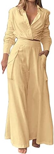 חליפות מכנסיים קטנים של Mfjeseaa לנשים לבושות שרוול ארוך חולצת אופנה גבוהה מותניים גבוהים מכנסיים מזדמנים מכנסיים