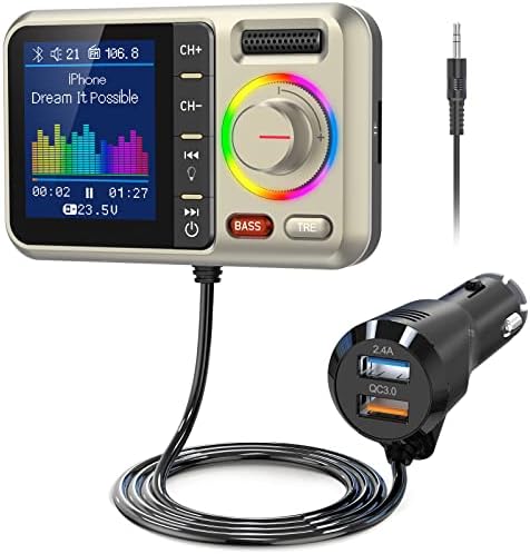 משדר Nulaxy Bluetooth FM לרכב, מתאם Bluetooth ברכב אלחוטי V5.0 עם מסך צבע גדול, תומך בשיחה ללא ידיים, Siri & Google, MP3