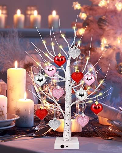 2ft יום האהבה אורות עץ ליבנה, עץ מלאכותי לחג המולד עם 24 נורות LED, 12 יח 'תלויים מרכז לב, חדר שינה לחתונה של ולנטיין מעצבים