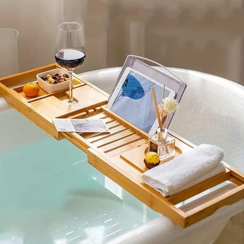 1 PC מגש קאדי אמבטיה יוקרה, מארגן אמבט אמבטיה מעץ טבעי מתכוונן, מיטת אמבטיה לא אמבטיה של מחזיקי צד עם טבליות עם מחזיק טלפון