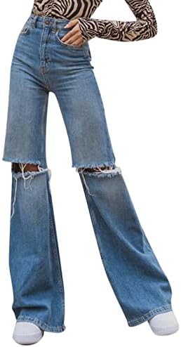 מכנסי ג'ינס לנשים נערות נערות מותניים גבוהות קרעו ישר מכנסי ג'ינס רגל רחבה חורים במצוקה מכנסי טרקלין חבר כחול