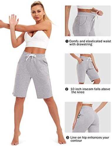 מכנסי זיעה של כותנה מיוחדת עם כיסים לנשים 10 אימון ספורט אתלטי ספורט ברמודה מכנסי ברך קצרים