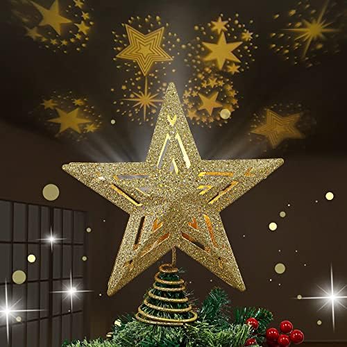 טופר עץ חג המולד של JueGoal, מואר בכוכבים מובנים מקרן LED Treetop Treetop, Ellup Plitter Glitter Star Tree Top