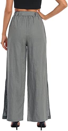 מכנסי פשתן כותנה של Meymia, 2023 נשים קיץ אלגנטיות צבע אחיד רגל רחב רחב נמתח יוגה פלאצו מכנס עם חגורה
