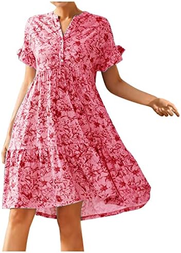 שמלות קיץ 2023 לנשים בוהמי נדנדה פרחונית כפתור שמלת מידי קדמית V צוואר שרוול קצר פרע שכבה A-Line שמלה ארוכה