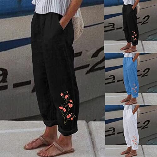 נשים מקרית גבוהה מותן רחב רגל מכנסיים פרחוני הדפסת כותנה פשתן נמתח רופף כושר פאלאצו מכנסיים עם כיסים